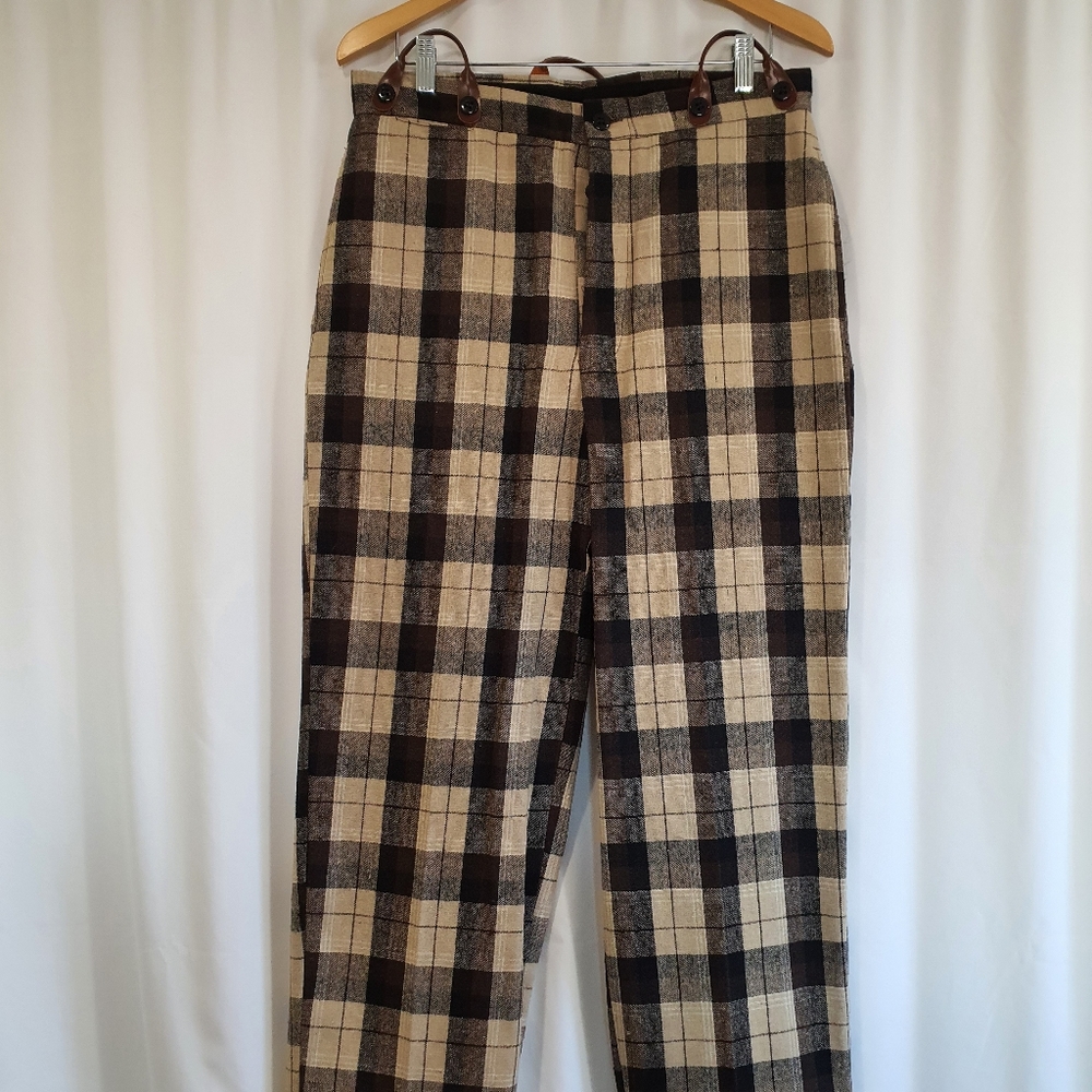 Brown plaid wool trousers with leather suspender loops